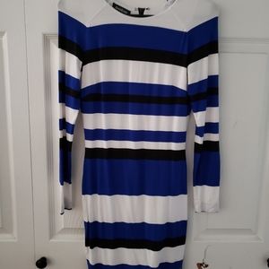 BEBE Blue Black & White Mini Long Sleeve Dress Size XS‎